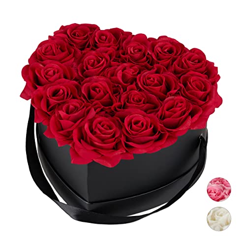 Relaxdays Rosenbox Herz, 18 Rosen, stabile Flowerbox schwarz, 10 Jahre haltbar, Geschenkidee, dekorative Blumenbox, rot, 13 x 21 x 19 cm